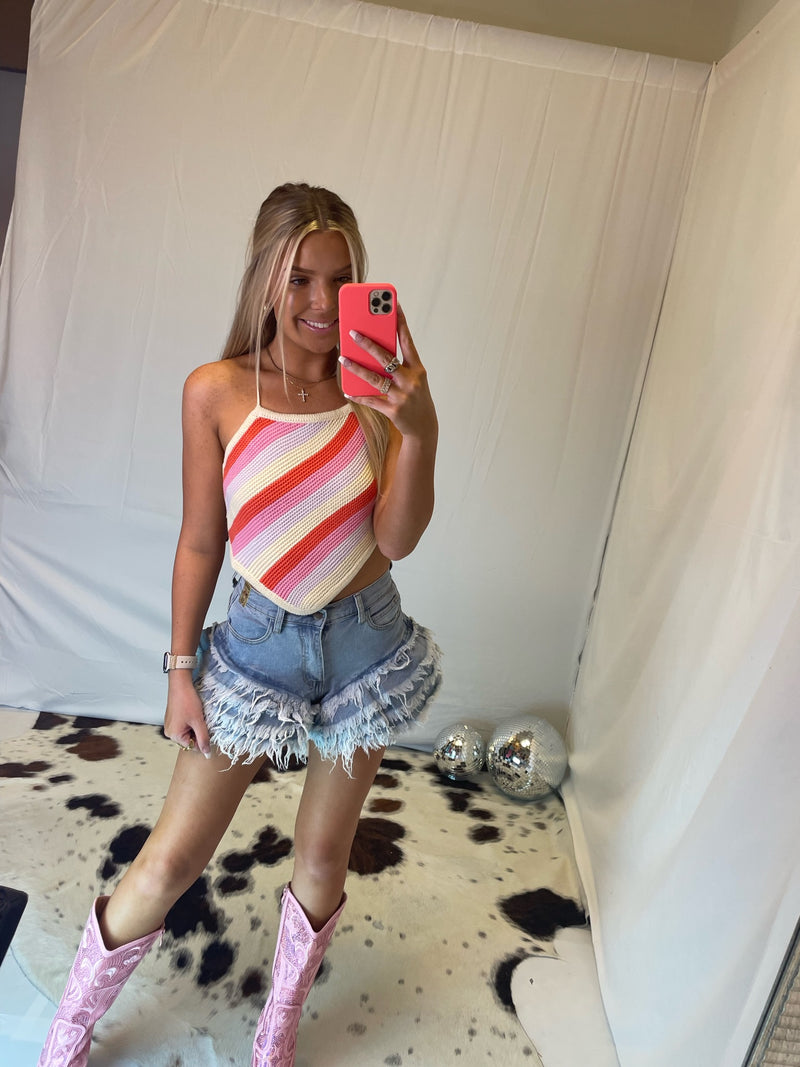 Pink Striped Knit Crop Top