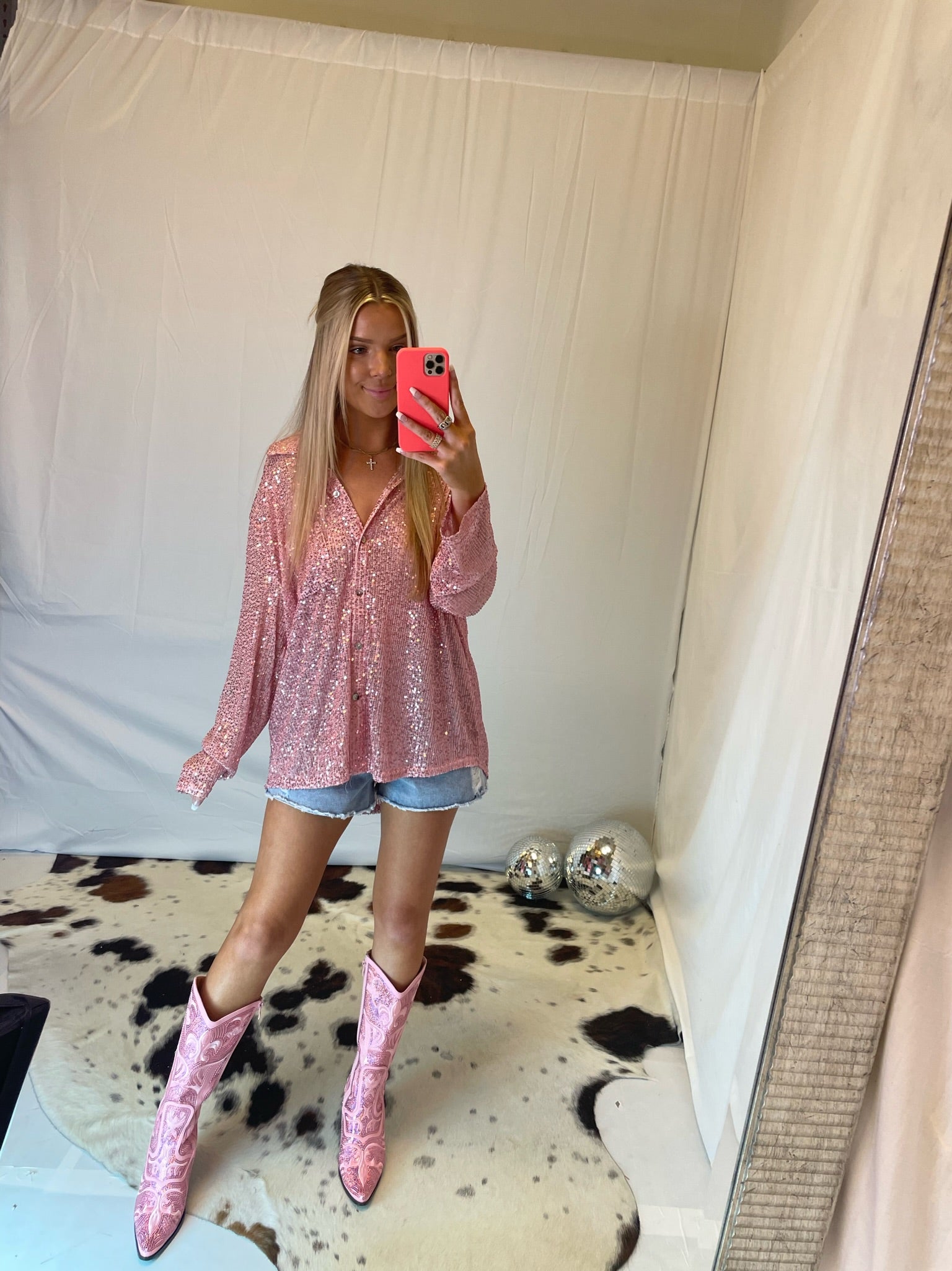 Pink Sequin Button Down Blouse