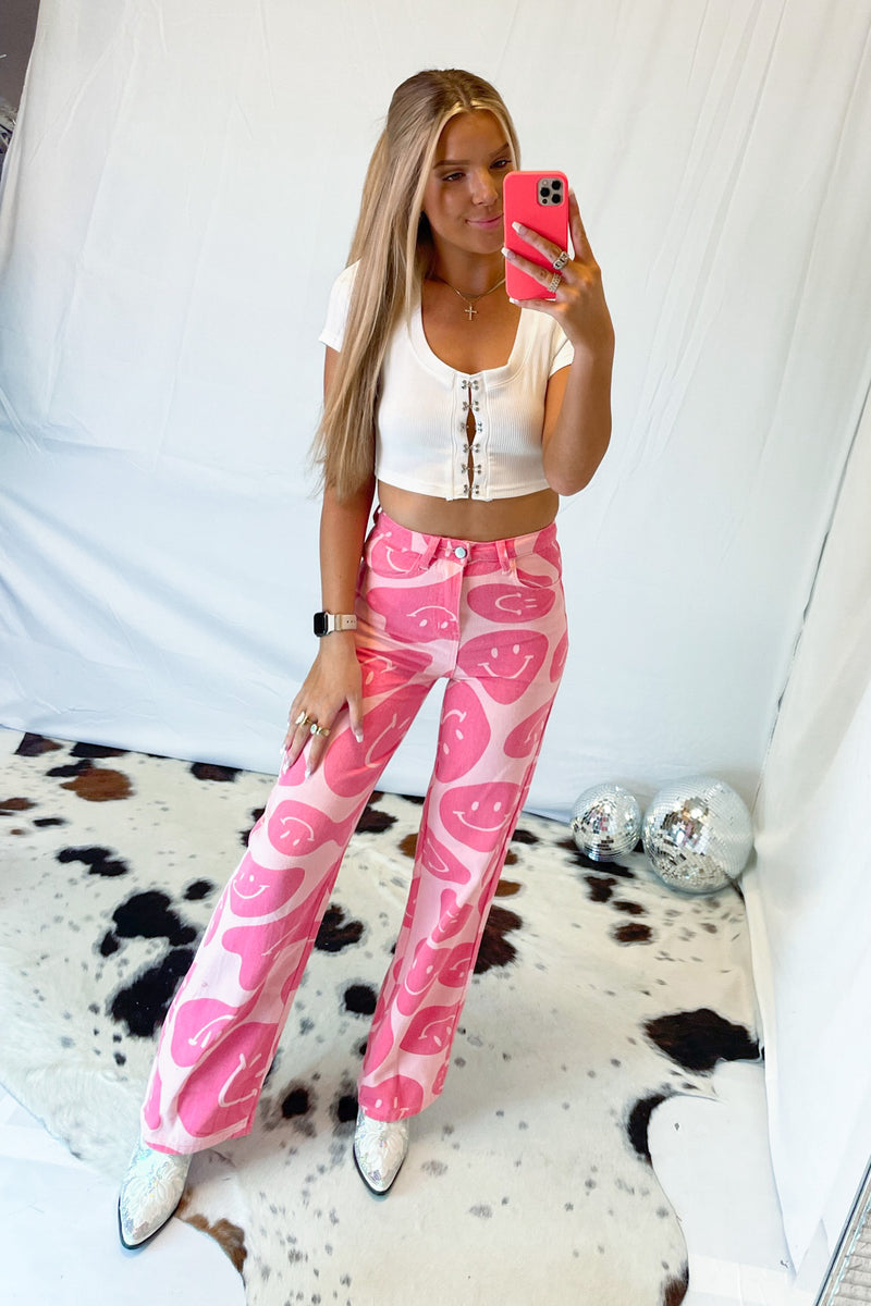 Pink Wavy Smiley Face Denim Pants