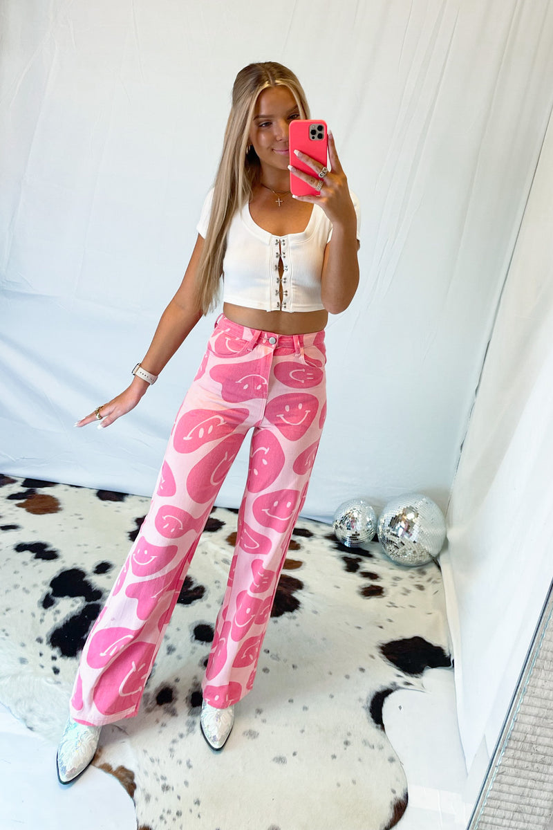 Pink Wavy Smiley Face Denim Pants