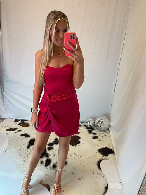 Red Satin Side Twist Strapless Dress