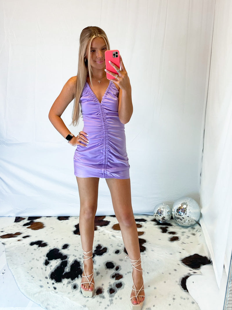 Purple Satin Front Ruched Mini Dress