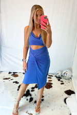 Blue Cowl Neck Midi Dress