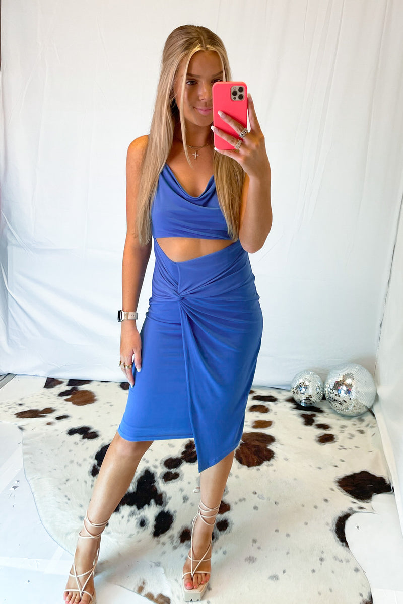 Blue Cowl Neck Midi Dress