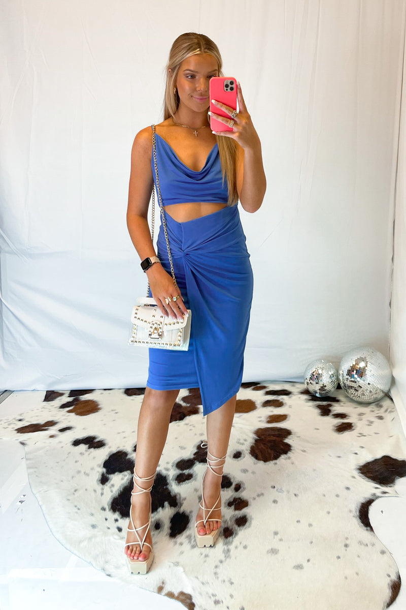Blue Cowl Neck Midi Dress