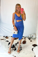 Blue Cowl Neck Midi Dress