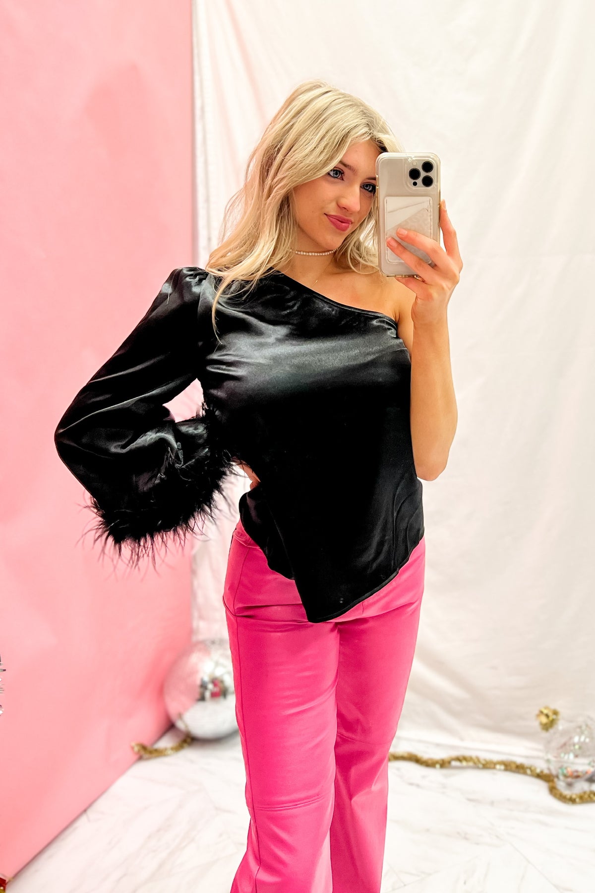 Black Satin One Shoulder Feather Trim Top