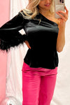 Black Satin One Shoulder Feather Trim Top