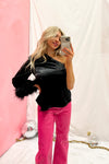 Black Satin One Shoulder Feather Trim Top