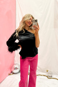 Black Satin One Shoulder Feather Trim Top