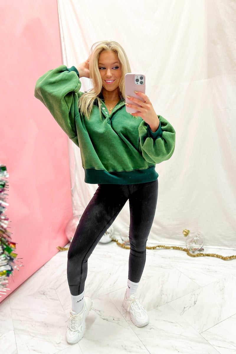 Dark Green Button Up Collared Sweatshirt