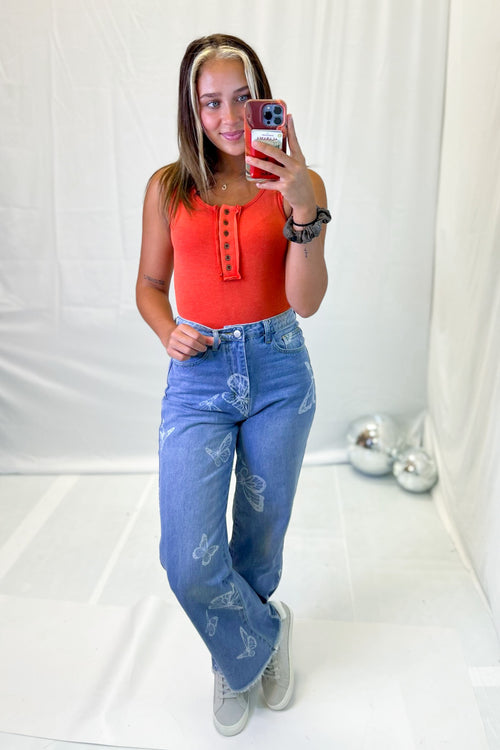Cherry Red Button Top Bodysuit