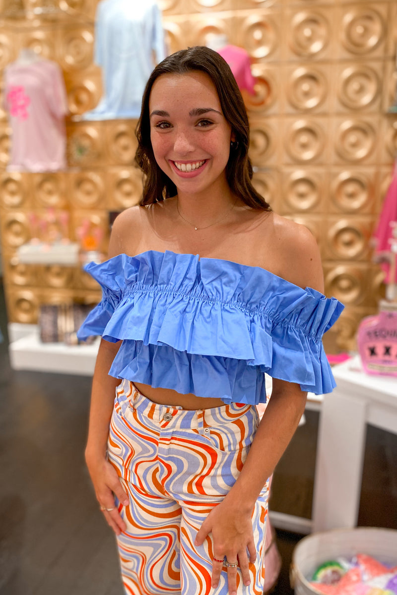 Blue Ruffle Off The Shoulder Crop Top