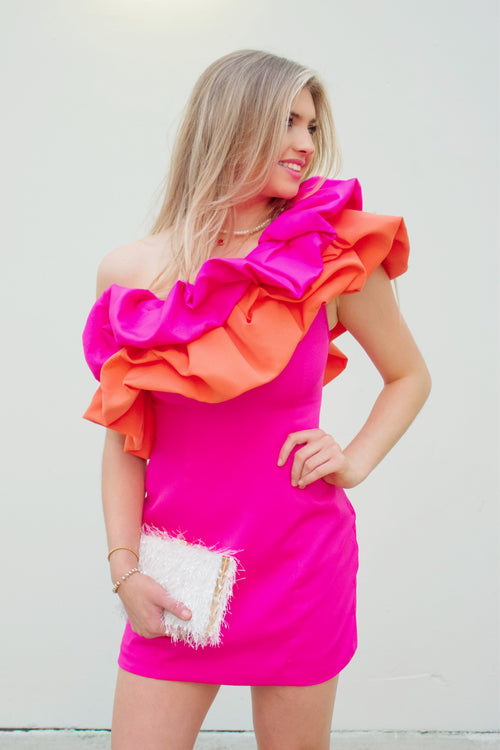 Pink And Orange One Shoulder Ruffle Dress