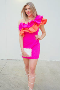 Pink And Orange One Shoulder Ruffle Dress