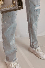 Distressed Rhinestone Light Wash Straight Jeans