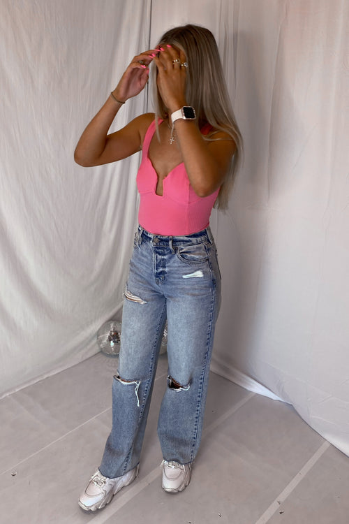 Hot Pink Ribbed Knit Wire Detail Bodysuit