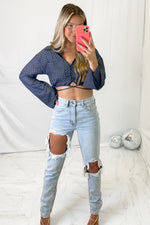 Checkered Bell Sleeve Button Down Strap Top