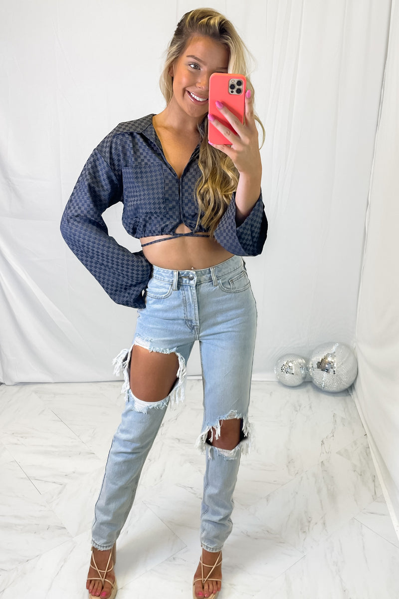 Checkered Bell Sleeve Button Down Strap Top