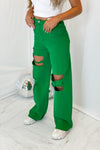 Green Distressed Wide Leg Jeans