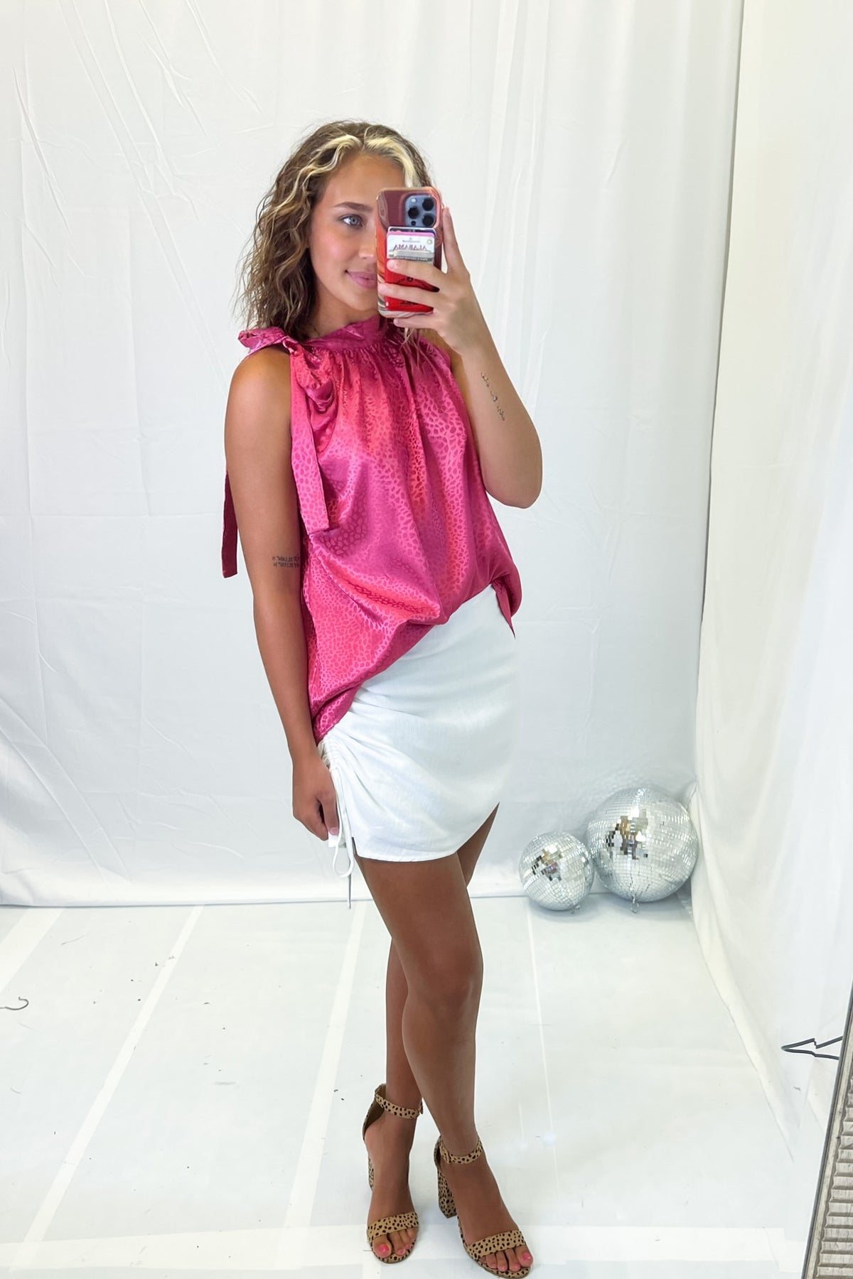 Pink leopard Satin Halter Neck Tie Tank Top