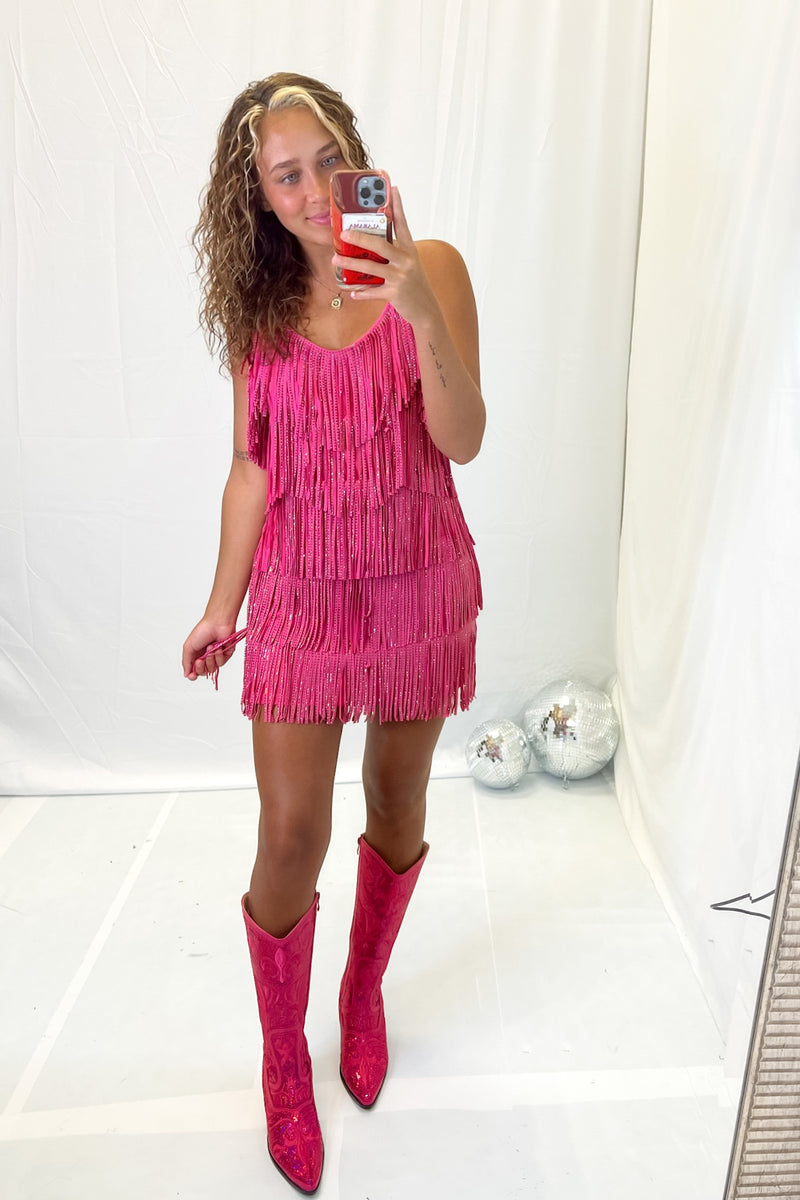 Hot Pink Metallic Fringe Mini Dress