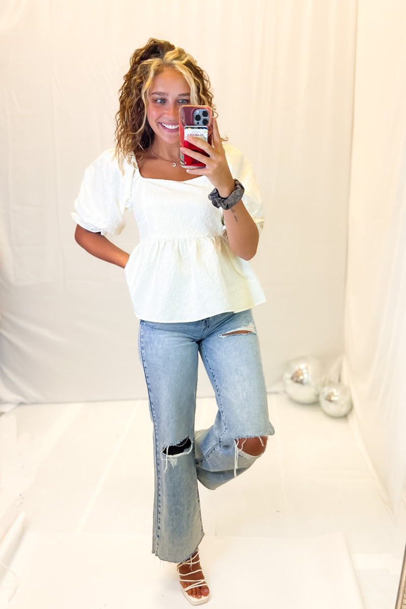 Cream Babydoll Puff Sleeve Top