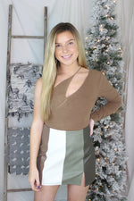 Faux Leather Green Color Block Mini Skirt