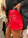 Red Faux Leather Mini Skort With Zipper