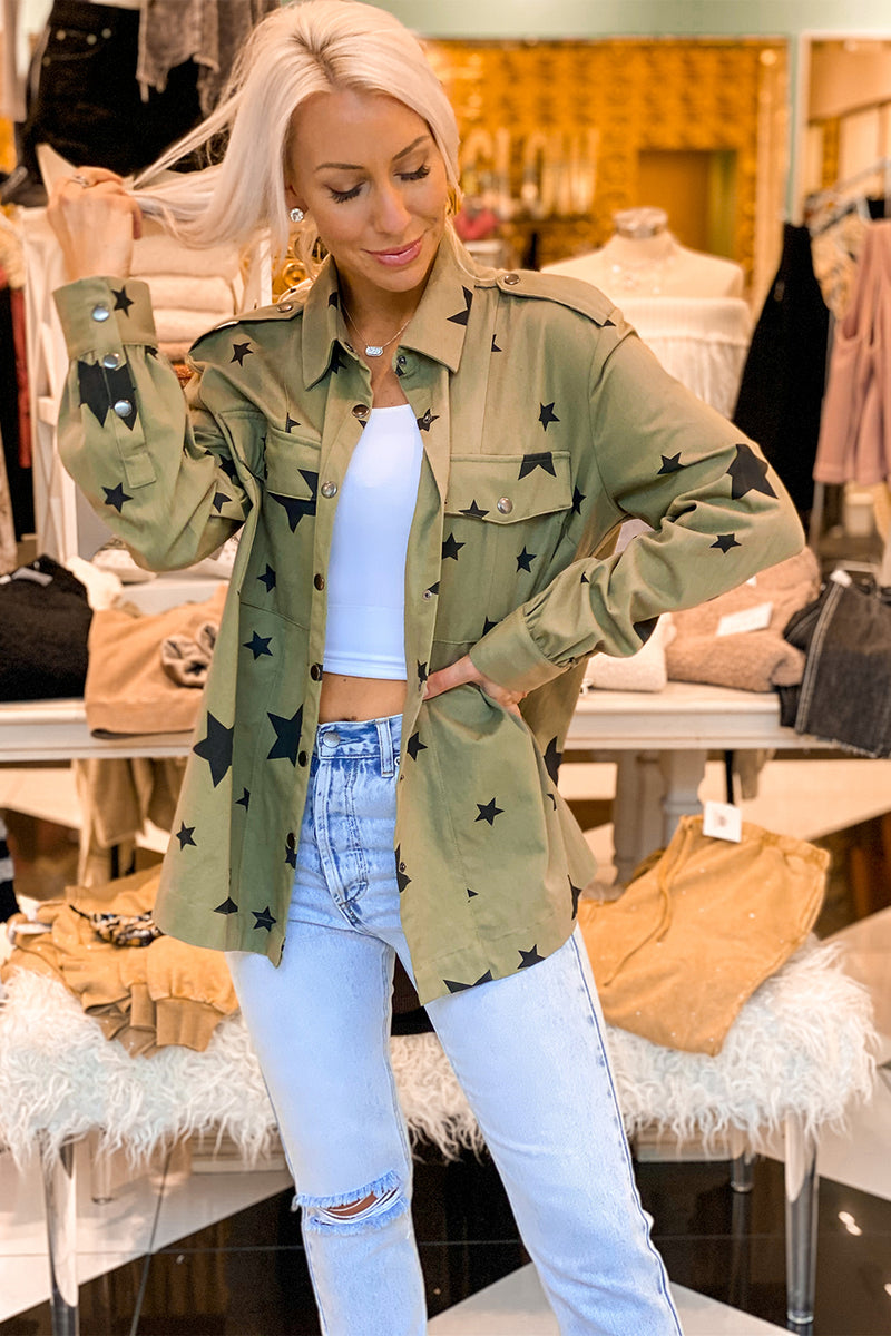 Green Star Pattern Jacket With Red Lips