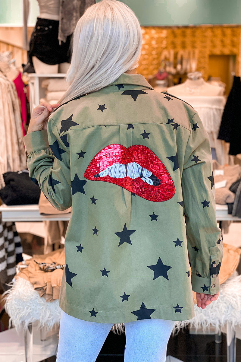 Green Star Pattern Jacket With Red Lips