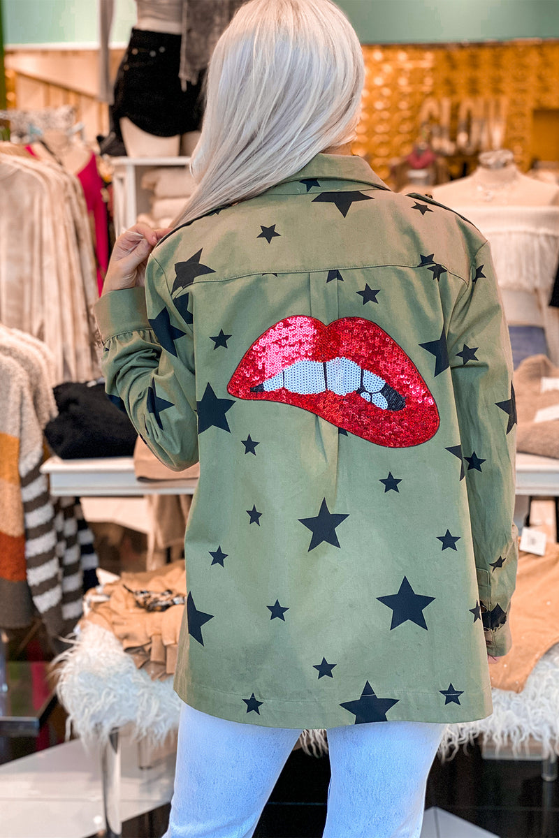 Green Star Pattern Jacket With Red Lips