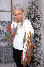 Ivory Knit Sweater With Colorful Fringe Arms