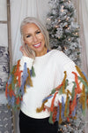 Ivory Knit Sweater With Colorful Fringe Arms