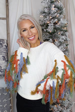 Ivory Knit Sweater With Colorful Fringe Arms