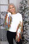 Ivory Knit Sweater With Colorful Fringe Arms