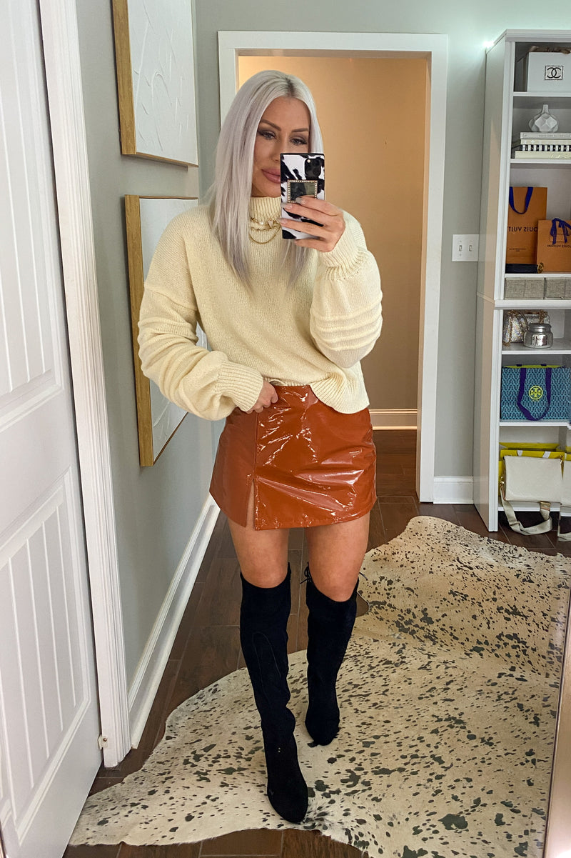 Brown Faux Leather Side Slit Mini Skirt