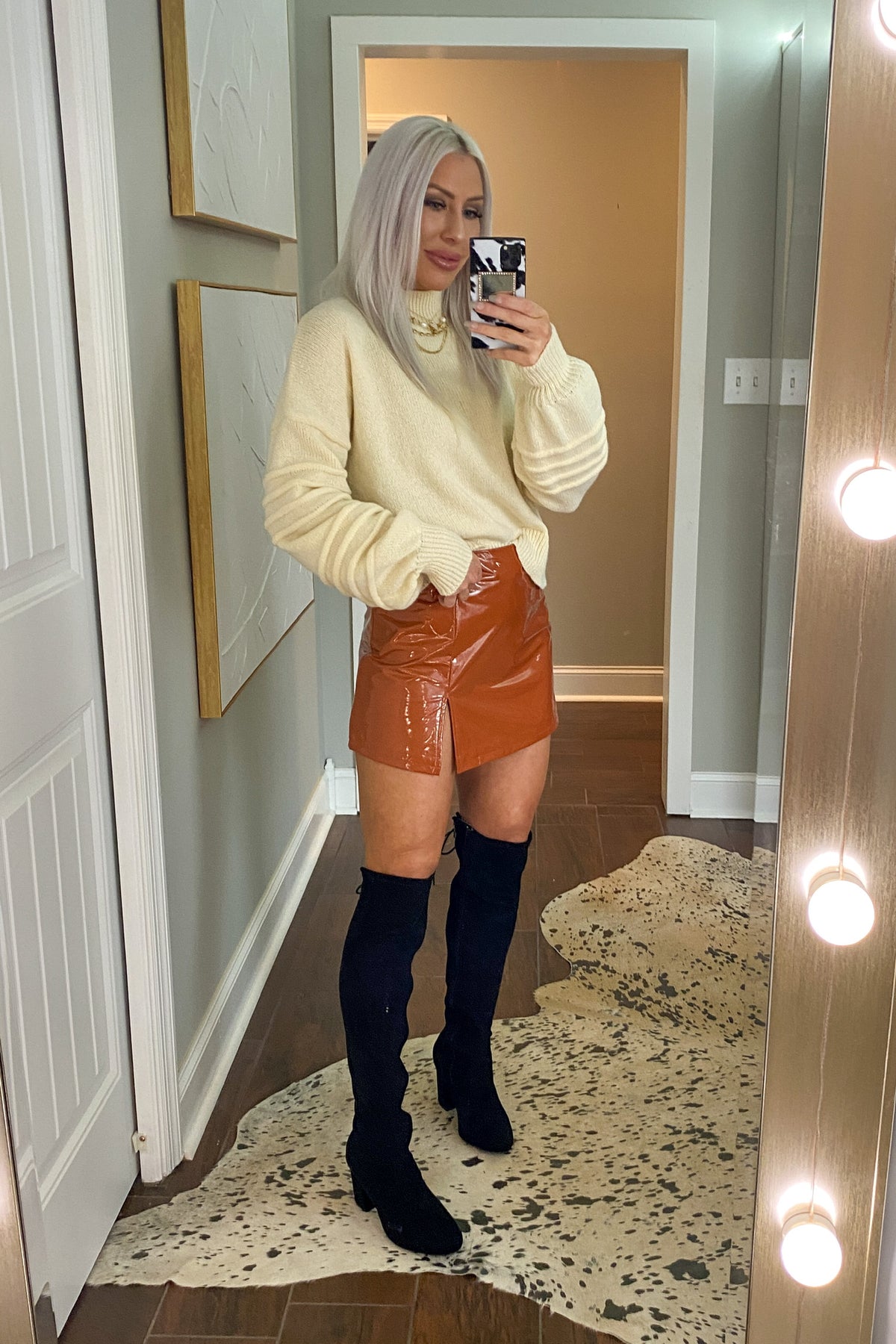 Brown Faux Leather Side Slit Mini Skirt