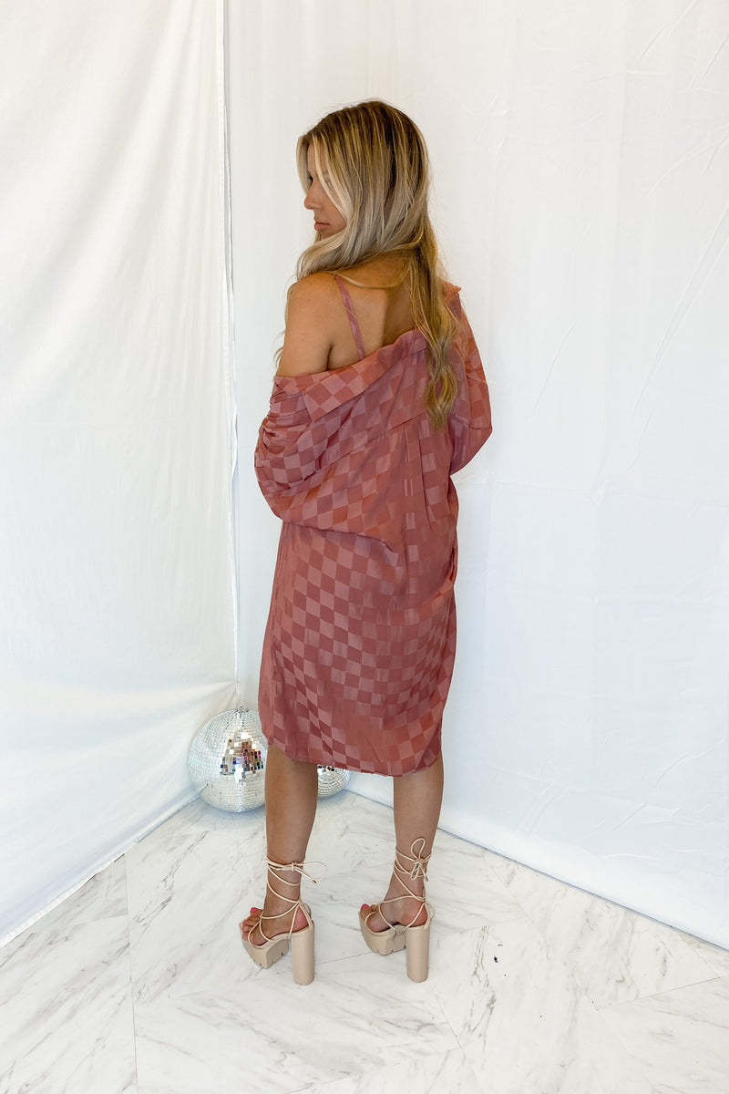 Mauve Checkered Long Sleeve Button Down Dress
