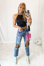 Black Rhinestone Mock Neck Tie Top