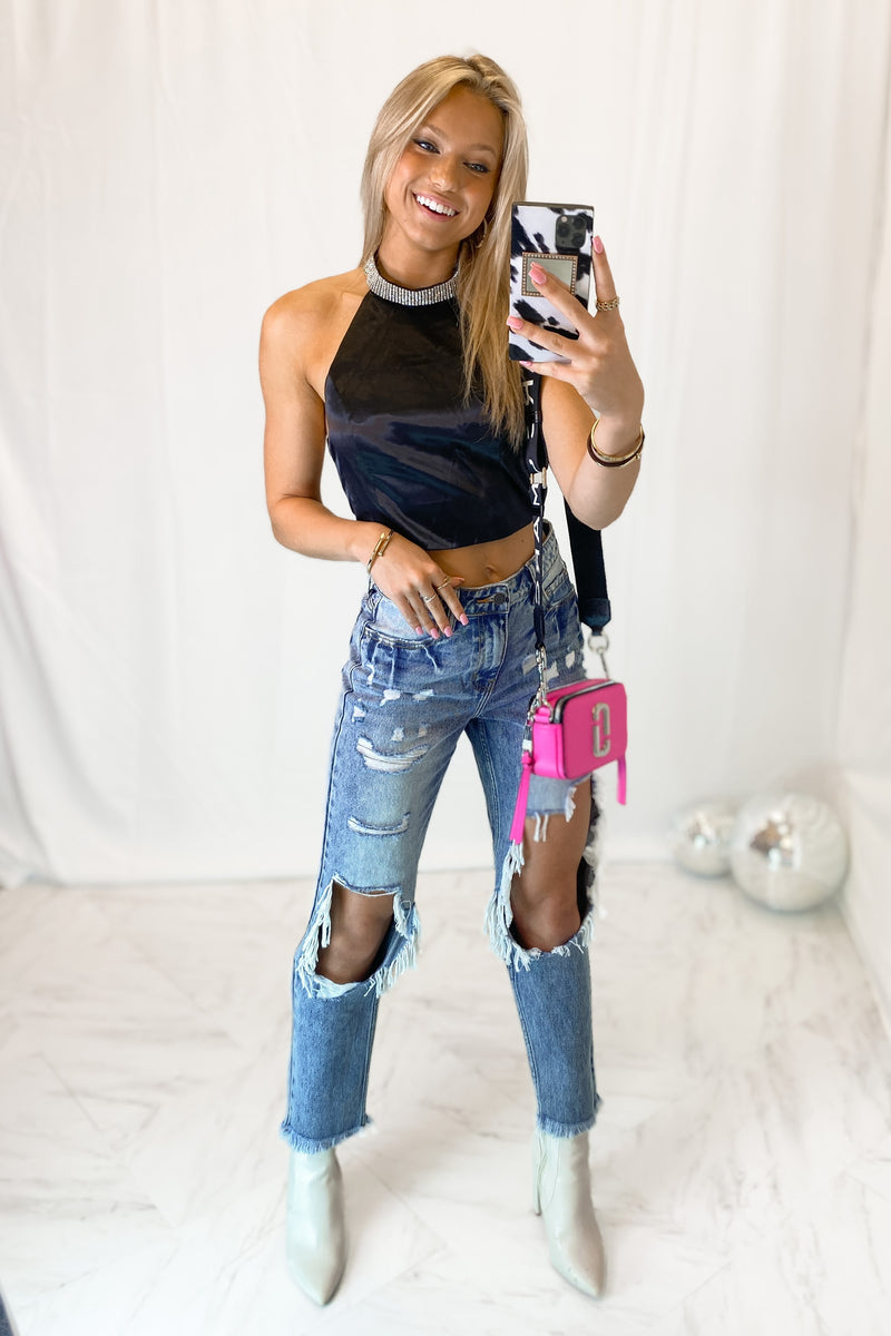 Black Rhinestone Mock Neck Tie Top