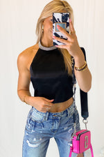 Black Rhinestone Mock Neck Tie Top