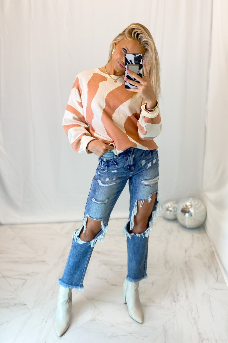 Orange Long Sleeve Wave Sweater