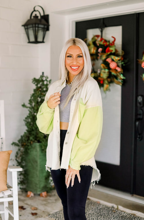 Lime Green Color Block Button Down Shacket