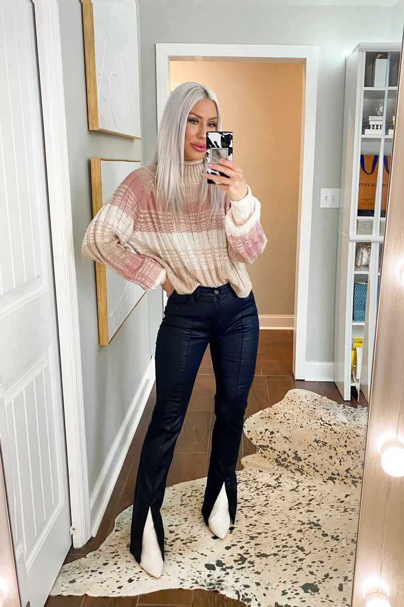 Pink Ribbed Knit Turtleneck Sweater