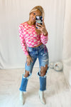 Pink Checkered Long Sleeve Knit Top