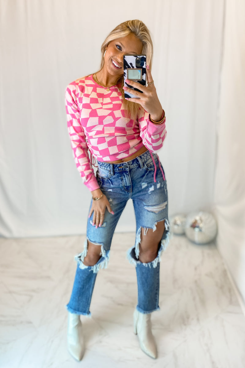 Pink Checkered Long Sleeve Knit Top