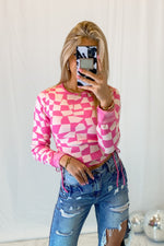 Pink Checkered Long Sleeve Knit Top