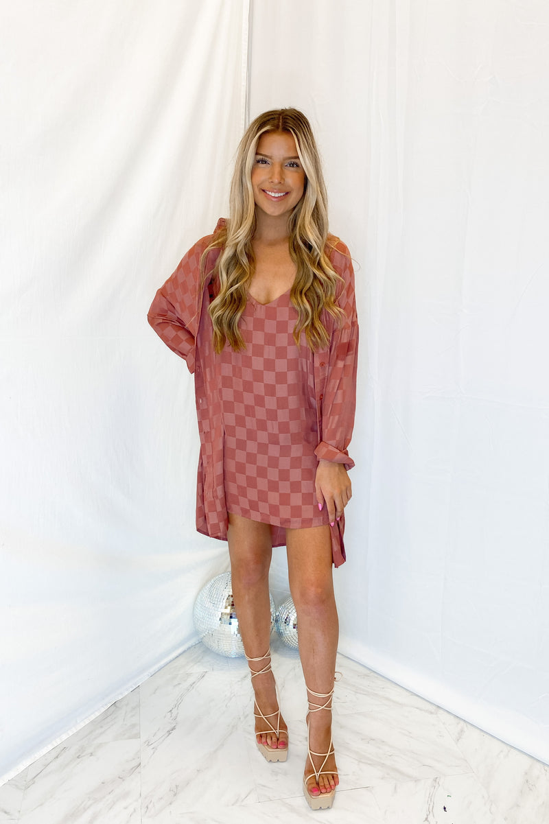 Mauve Checkered Long Sleeve Button Down Dress