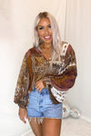 Pattern Balloon Sleeve Button Down Blouse